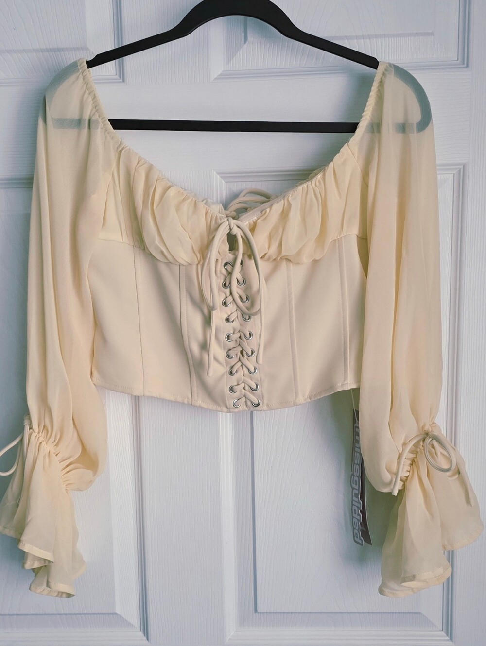 NWT Missguided Cream Milkmaid Corset Top Off Shoulder Ruffle Bell Sleeve